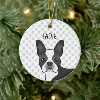 Black And White Boston Terrier Cartoon Dog &amp; Name Ceramic Ornament