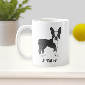 Black And White Boston Terrier Cartoon Dog &amp; Name Coffee Mug