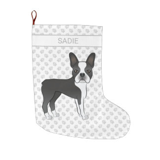 Black And White Boston Terrier Cartoon Dog &amp; Name Large Christmas Stocking