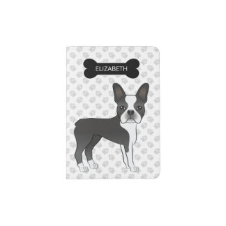 Black And White Boston Terrier Cartoon Dog &amp; Name Passport Holder