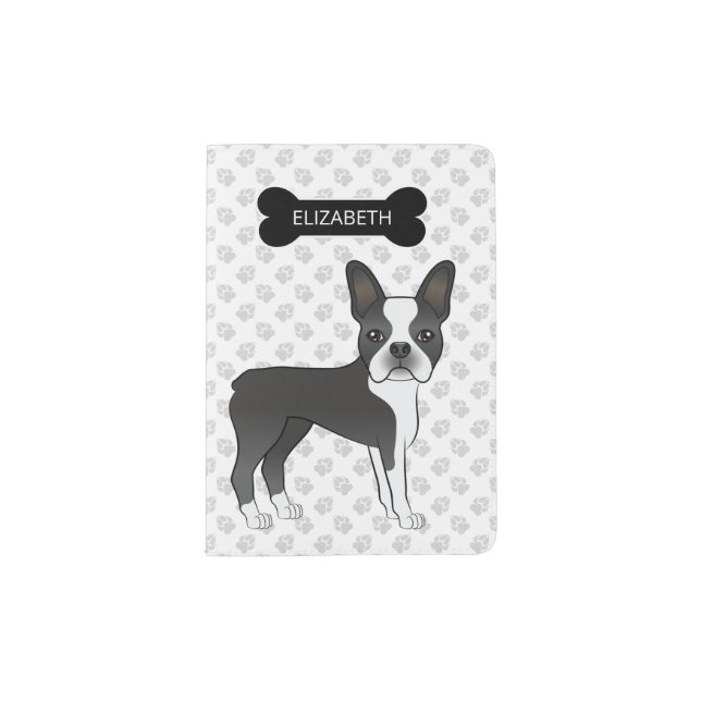 Black And White Boston Terrier Cartoon Dog & Name Passport Holder (Front)