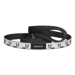 Black And White Boston Terrier Cartoon Dog & Name Pet Leash