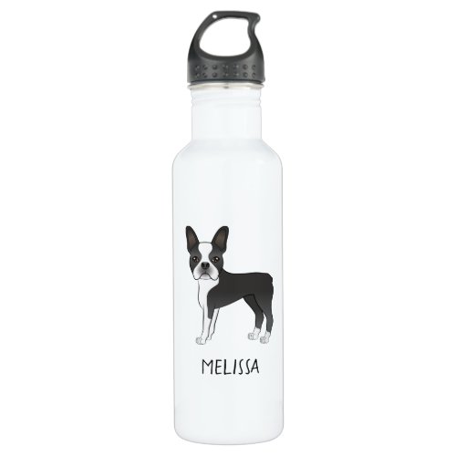 Black And White Boston Terrier Cartoon Dog  Name Stainless Steel Water Bottle