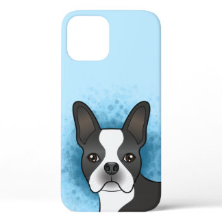 Black And White Boston Terrier Cartoon Dog On Blue iPhone 12 Case