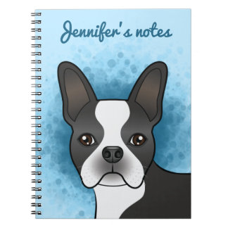 Black And White Boston Terrier Cartoon Dog On Blue Notebook