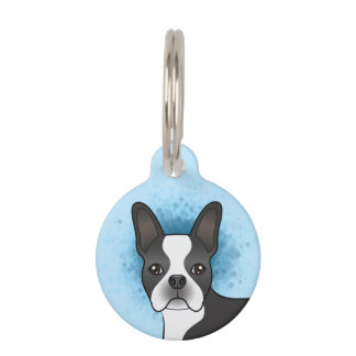 Black And White Boston Terrier Cartoon Dog On Blue Pet ID Tag