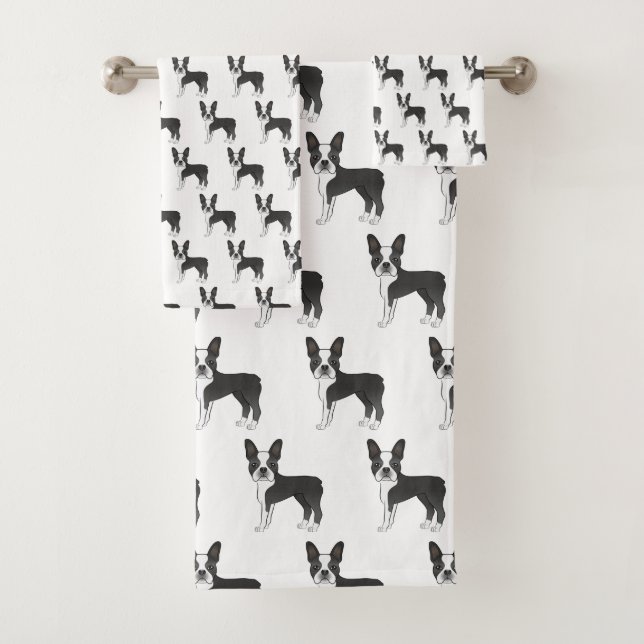 Black And White Boston Terrier Cartoon Dog Pattern Bath Towel Set (Insitu)