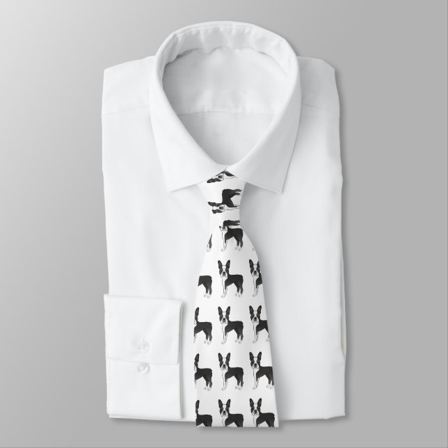Black And White Boston Terrier Cartoon Dog Pattern Neck Tie (Tied)