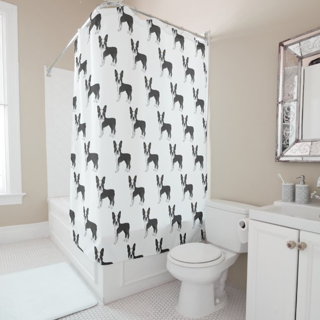 Black And White Boston Terrier Cartoon Dog Pattern Shower Curtain (In Situ)