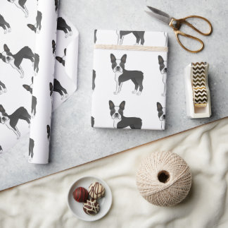 Black And White Boston Terrier Cartoon Dog Pattern Wrapping Paper