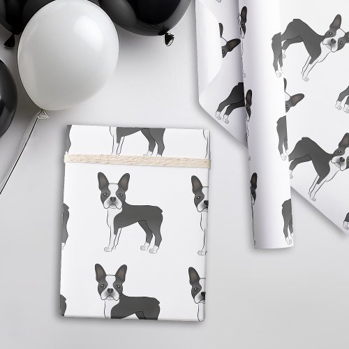 Black And White Boston Terrier Cartoon Dog Pattern Wrapping Paper