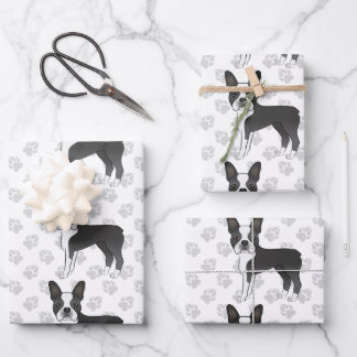 Black And White Boston Terrier Cartoon Dog Pattern Wrapping Paper Sheets