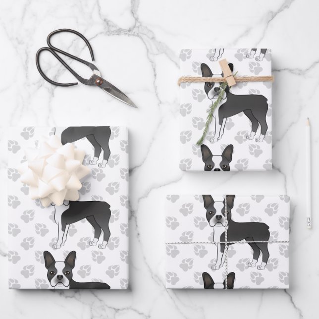 Black And White Boston Terrier Cartoon Dog Pattern Wrapping Paper Sheets (Front)