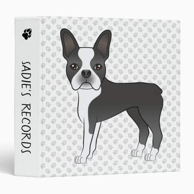 Black And White Boston Terrier Cartoon Dog & Paws 3 Ring Binder (Front/Spine)