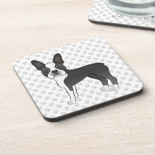 Black And White Boston Terrier Cartoon Dog & Paws Beverage Coaster