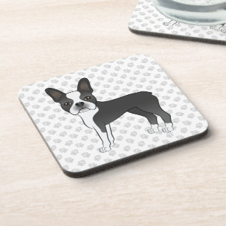 Black And White Boston Terrier Cartoon Dog &amp; Paws Beverage Coaster