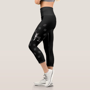 Black And White Boston Terrier Cartoon Dog & Paws Capri Leggings