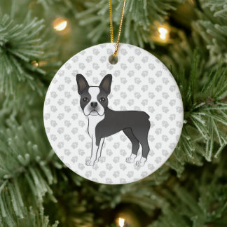 Black And White Boston Terrier Cartoon Dog &amp; Paws Ceramic Ornament