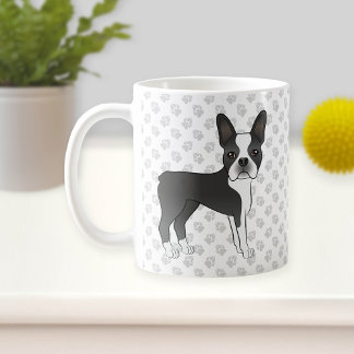 Black And White Boston Terrier Cartoon Dog &amp; Paws Coffee Mug