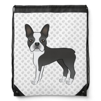 Black And White Boston Terrier Cartoon Dog &amp; Paws Drawstring Bag