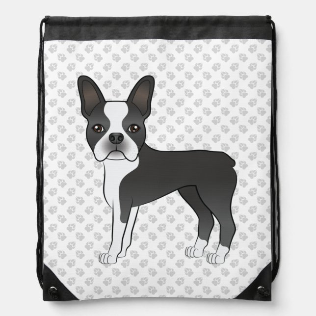 Black And White Boston Terrier Cartoon Dog & Paws Drawstring Bag (Front)