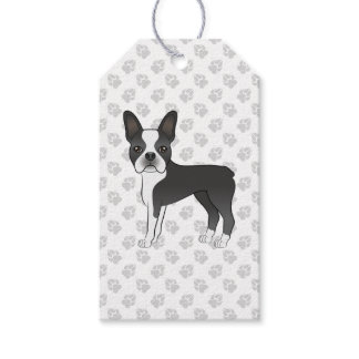 Black And White Boston Terrier Cartoon Dog &amp; Paws Gift Tags