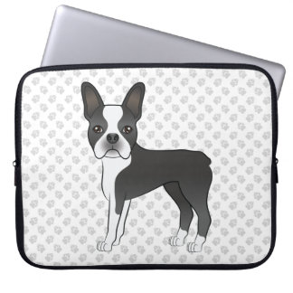 Black And White Boston Terrier Cartoon Dog &amp; Paws Laptop Sleeve