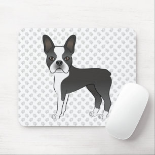 Black And White Boston Terrier Cartoon Dog & Paws Mouse Pad