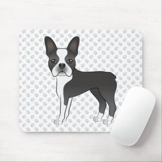 Black And White Boston Terrier Cartoon Dog &amp; Paws Mouse Pad