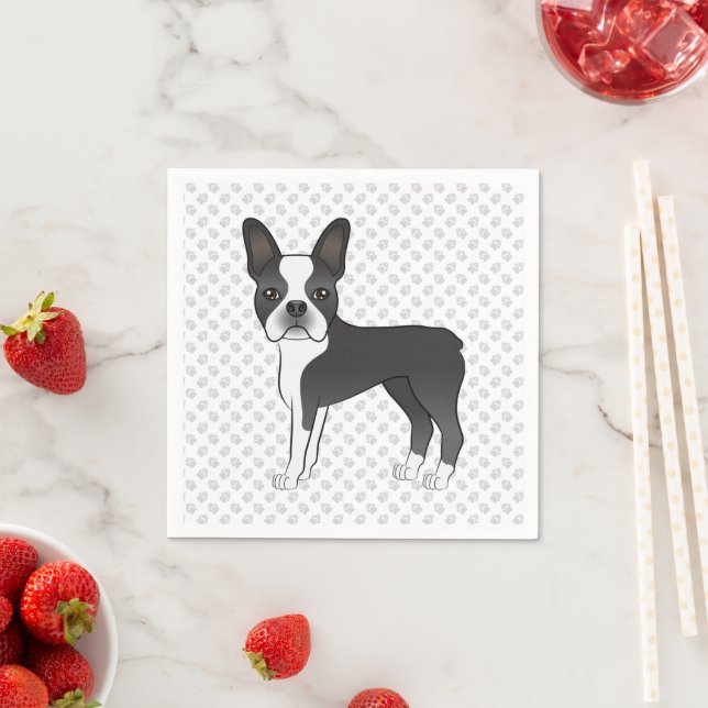 Black And White Boston Terrier Cartoon Dog & Paws Napkins (Insitu)
