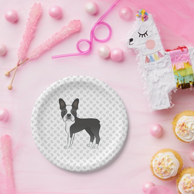 Black And White Boston Terrier Cartoon Dog & Paws Paper Plates (Party)