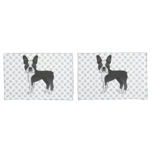 Black And White Boston Terrier Cartoon Dog & Paws Pillow Case