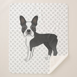 Black And White Boston Terrier Cartoon Dog &amp; Paws Sherpa Blanket