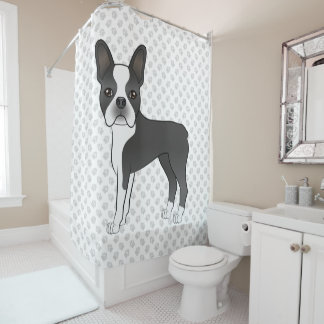 Black And White Boston Terrier Cartoon Dog &amp; Paws Shower Curtain