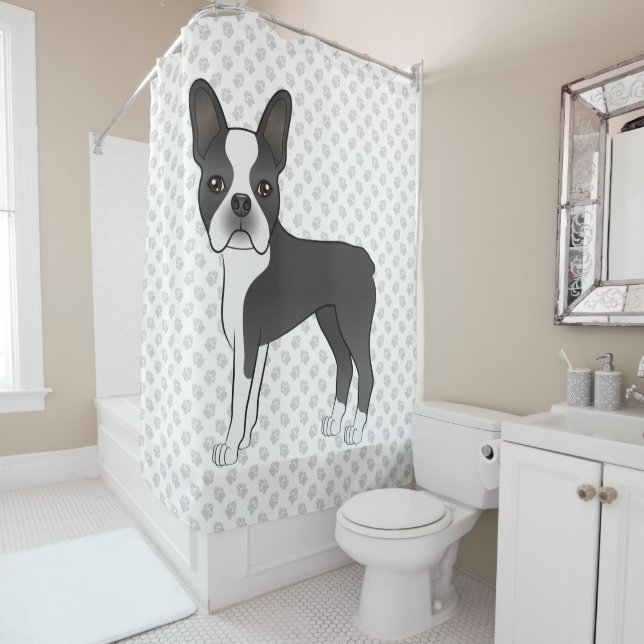Black And White Boston Terrier Cartoon Dog & Paws Shower Curtain (In Situ)