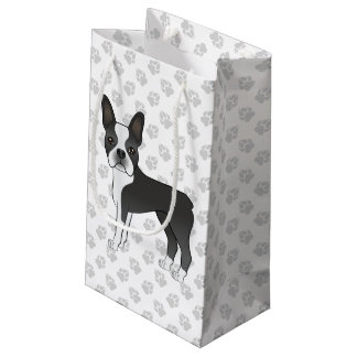 Black And White Boston Terrier Cartoon Dog &amp; Paws Small Gift Bag