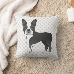 Black And White Boston Terrier Cartoon Dog & Paws Throw Pillow