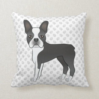 Black And White Boston Terrier Cartoon Dog &amp; Paws Throw Pillow