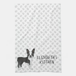 Black And White Boston Terrier Cartoon Dog & Text Kitchen Towel
