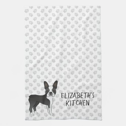 Black And White Boston Terrier Cartoon Dog  Text Kitchen Towel