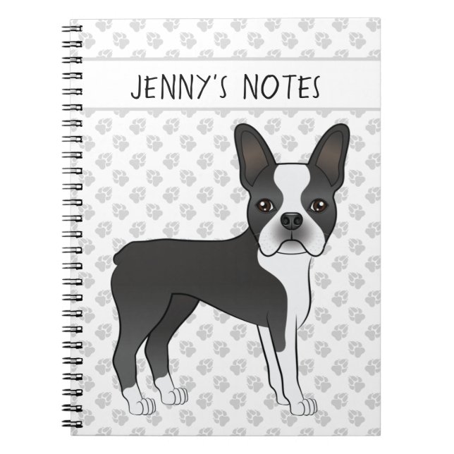 Black And White Boston Terrier Cartoon Dog & Text Notebook (Front)