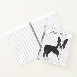 Black And White Boston Terrier Cartoon Dog & Text Notebook