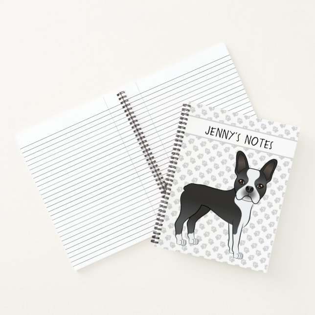 Black And White Boston Terrier Cartoon Dog & Text Notebook (Inside)