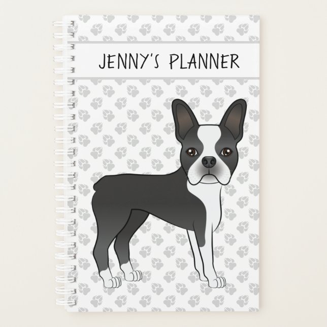 Black And White Boston Terrier Cartoon Dog & Text Planner (Front)