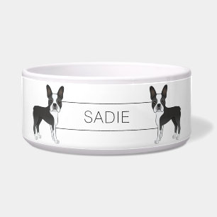 Black And White Boston Terrier Cartoon Dogs & Name Bowl
