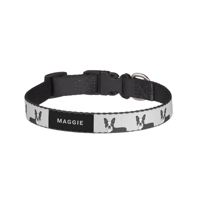 Black And White Boston Terrier Cartoon Dogs & Name Pet Collar (Front)