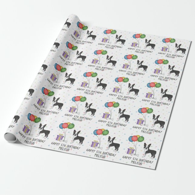Black And White Boston Terrier Cute Dog - Birthday Wrapping Paper (Unrolled)
