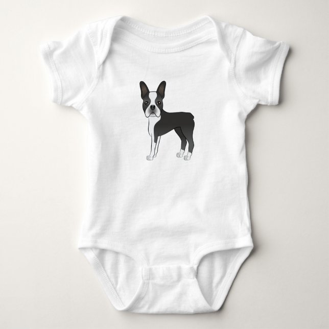 Black And White Boston Terrier Dog Illustration Baby Bodysuit (Front)