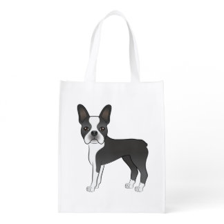 Black And White Boston Terrier Dog Illustration Grocery Bag