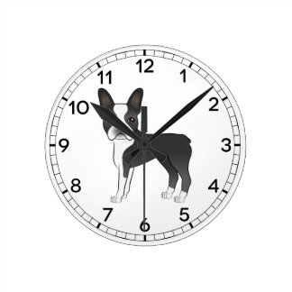 Black And White Boston Terrier Dog Illustration Round Clock